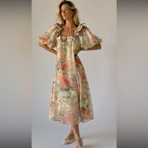 Orange and Green Smocked Puff Sleeve Midi Sundress